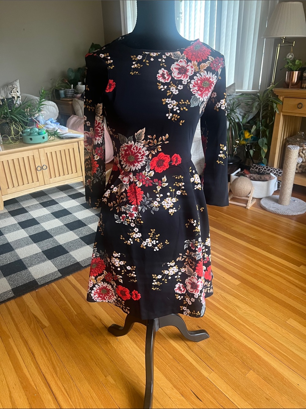 Black Long-Sleeve Floral Fit & Flare Dress - Red/Pink Flowers